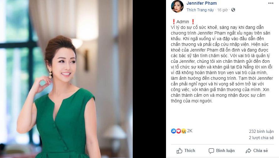 Hoa hậu Jennifer Phạm bất ngờ ngất xỉu khi đang làm MC, đầu đập xuống sân khấu chấn thương, phải nhập viện - Ảnh 1