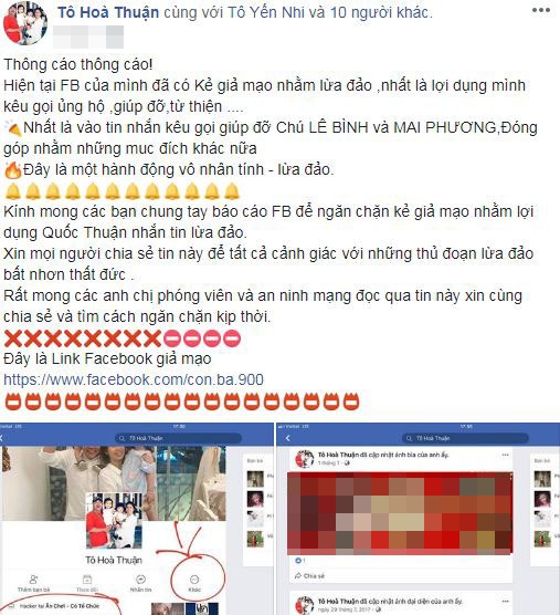 Sau Đàm Vĩnh Hưng, tới Hồng Vân, Quốc Thuận bị kẻ xấu giả mạo facebook để kêu gọi giúp đỡ Mai Phương, Lê Bình - Ảnh 3