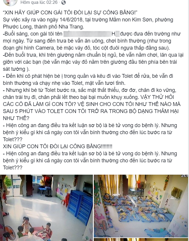 Nha Trang: Bé gái 4 tuổi chết bất thường tại trường mầm non, người mẹ cầu cứu cộng đồng mạng mong đòi lại công bằng cho con - Ảnh 1