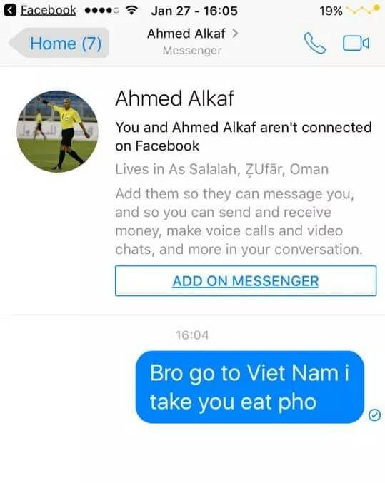 Dân mạng nhắn tin vào facebook được cho là trọng tài người Oman, rủ về Việt Nam ăn phở! - Ảnh 1