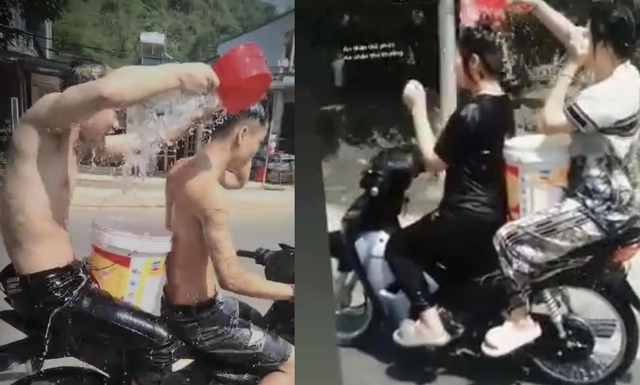 Phẫn nộ: Nhóm nam nữ vừa điều khiển xe máy vừa dội nước tắm cho nhau trên đường - Ảnh 1