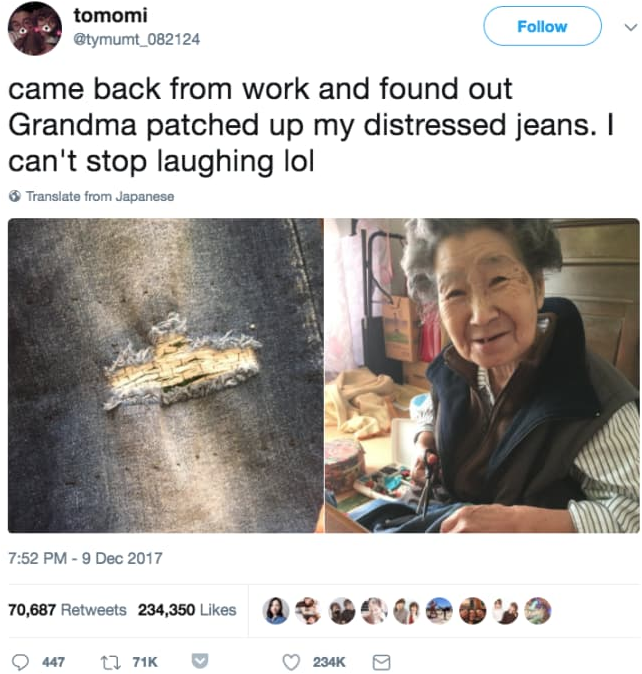 Bà ngoại cặm cụi ngồi vá từng mảng quần jean rách để cháu gái mặc ấm mùa đông 'đốn tim' cộng đồng mạng - Ảnh 2