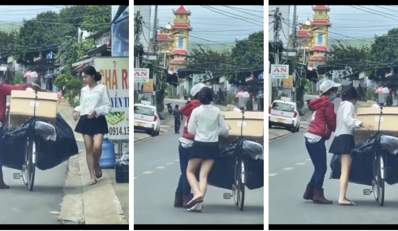 Khoảnh khắc cô gái chạy ra đường đón mẹ đi thu lượm ve chai về 'gây bão' MXH Việt - Ảnh 1