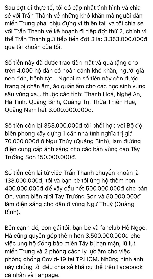 Mẹ Hà Hồ cuối cùng đã nói rõ về chuyện Trấn Thành chuyển 6,45 tỷ tiền cứu trợ miền Trung kèm hình ảnh, thông tin minh bạch - Ảnh 2