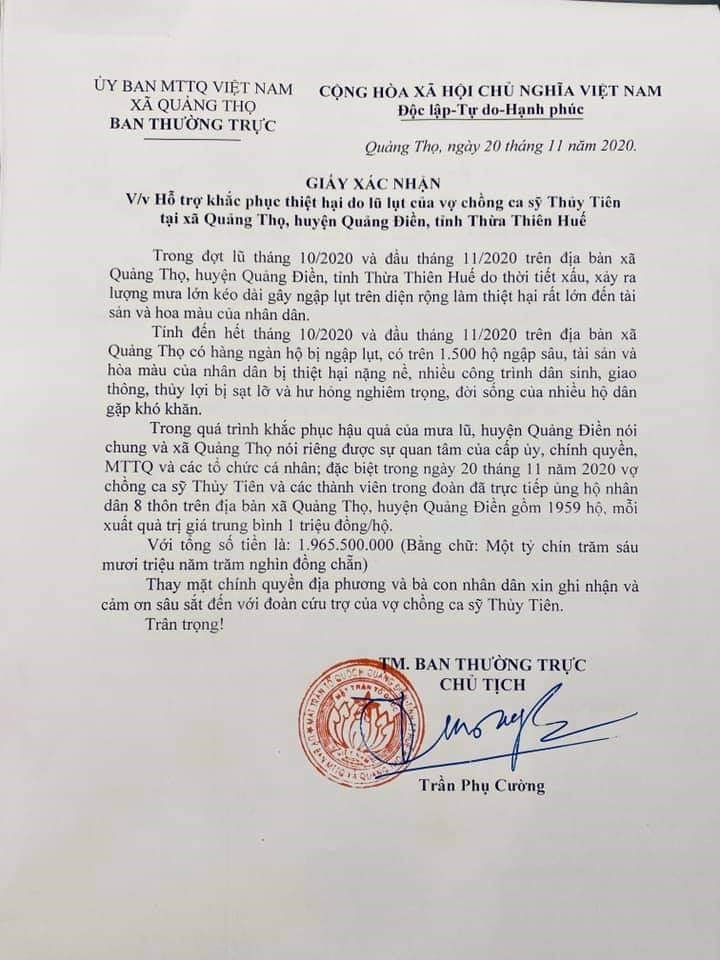 Thừa Thiên – Huế báo cáo việc từ thiện của ca sĩ Thủy Tiên lên Bộ Công an: Trao tiền tại 2 xã không thông qua chính quyền - Ảnh 1