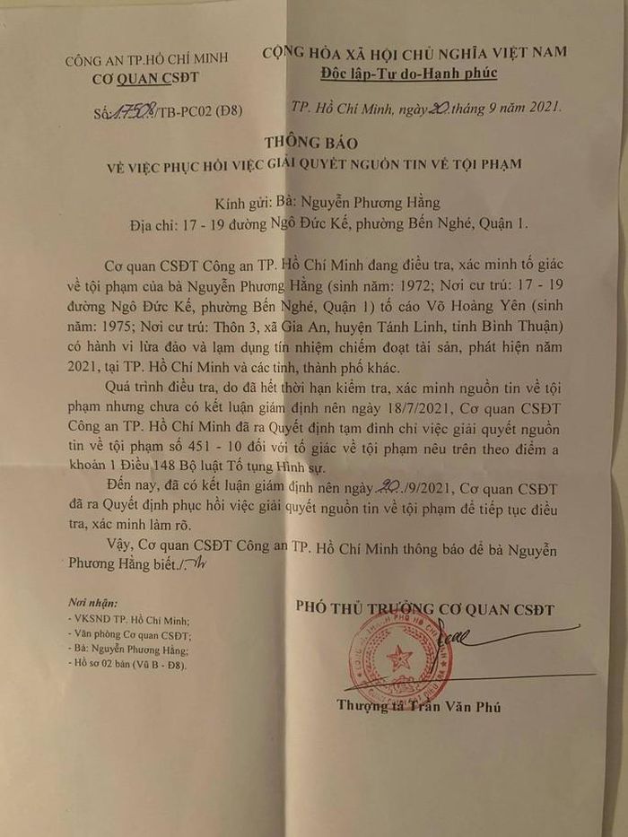 NÓNG: Công an TP.HCM phục hồi điều tra vụ bà Nguyễn Phương Hằng tố cáo ông Võ Hoàng Yên - Ảnh 1