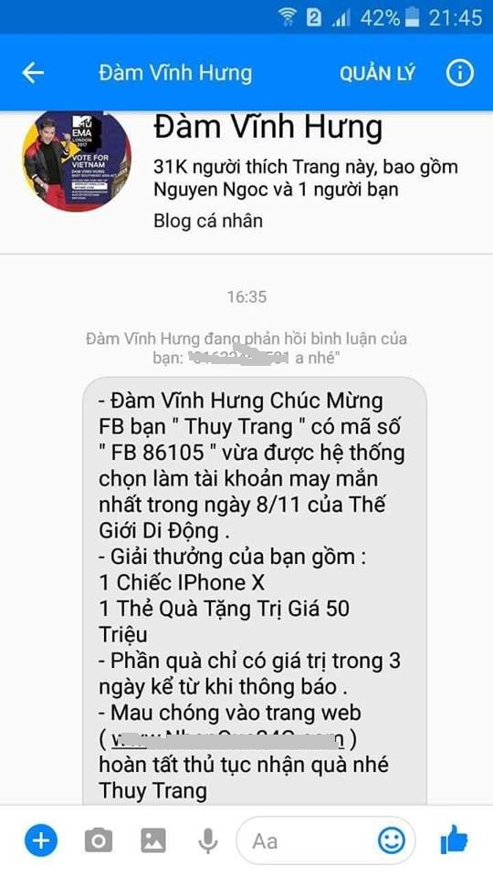 Sao Việt hôm nay: Đàm Vĩnh Hưng bị giả mạo facebook đi tặng iPhone X - Ảnh 2