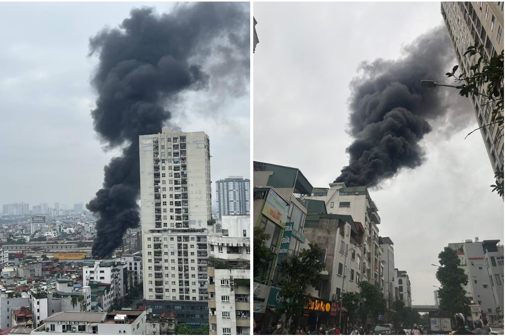 Cháy nhà 7 tầng ở Thanh Xuân, Hà Nội: Cột khói cuồn cuộn bốc lên cao hàng chục mét - Ảnh 1