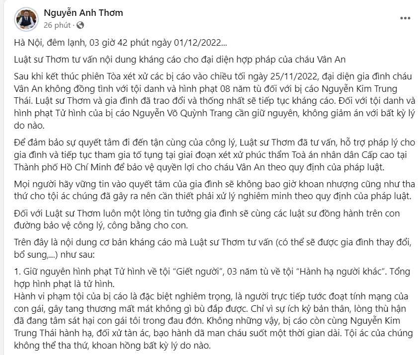 Vụ bé gái 8 bị bạo hành tử vong ở TP.HCM: Gia đình bé V.A kháng cáo với hình phạt dành cho Nguyễn Kim Trung Thái, quyết đòi lại công lý đến cùng cho bị hại - Ảnh 3