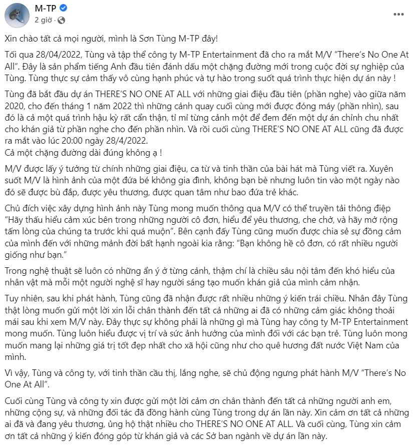 Nóng: Trước sức ép từ dư luận trong vài giờ qua, Sơn Tùng M-TP đã chính thức lên tiếng xin lỗi, tuyên bố ngừng phát hành MV 'There's no one at all' - Ảnh 2