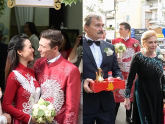 Lễ rước dâu của Á hậu Hoàng Oanh: Hội bạn thân showbiz lộ diện, mẹ chồng ngoại quốc gây bất ngờ khi diện áo dài Việt Nam