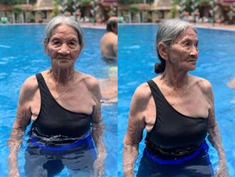 Cụ bà gần 90 tuổi mặc đồ tắm, thần thái đỉnh cao bên hồ bơi khiến dân mạng trầm trồ