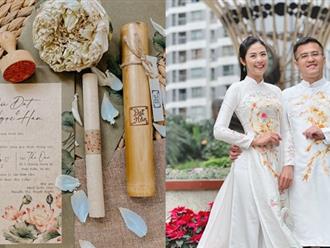 Thiệp cưới độc đáo đựng trong ống tre của Hoa hậu Ngọc Hân và hôn phu làm trong Bộ ngoại giao
