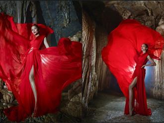 Hoa hậu H'Hen Niê tung váy đỏ rực trong hang động Tú Làn đẹp hùng vĩ