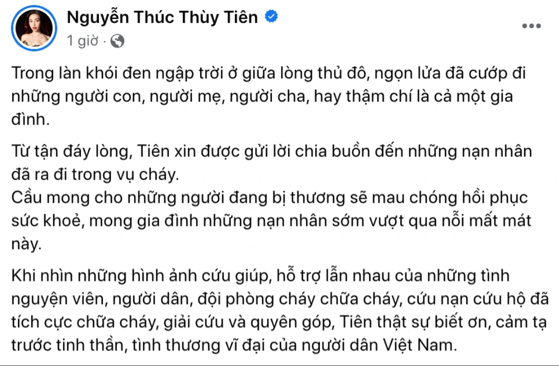 Hoa hậu Thuỳ Tiên, ca sĩ Trung Quân cùng dàn sao Việt góp tiền giúp nạn nhân trong vụ cháy chung cư mini ở Hà Nội - Ảnh 1